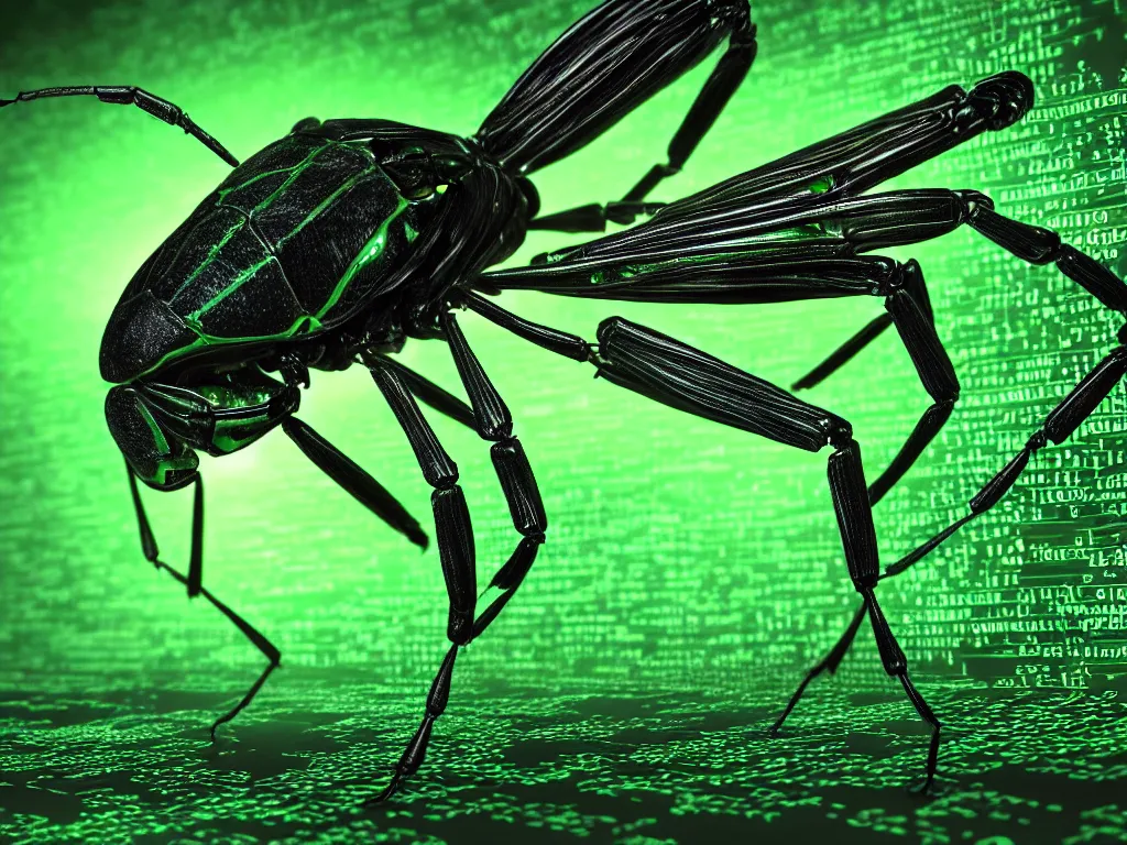 Prompt: a terrifying giant bug emerging from strands of neon green computer code text, matrix, hyperrealistic, digital painting, 8 k, artstation, very detailed