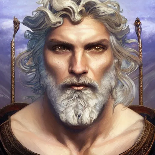 Image similar to ''face portrait of handsome poseidon from greek mythology, sea background, greece, fantasy, dungeons and dragons, d & d, digital painting, artstation, concept art, sharp focus, illustration, art by greg rutkowski and alphonse mucha''