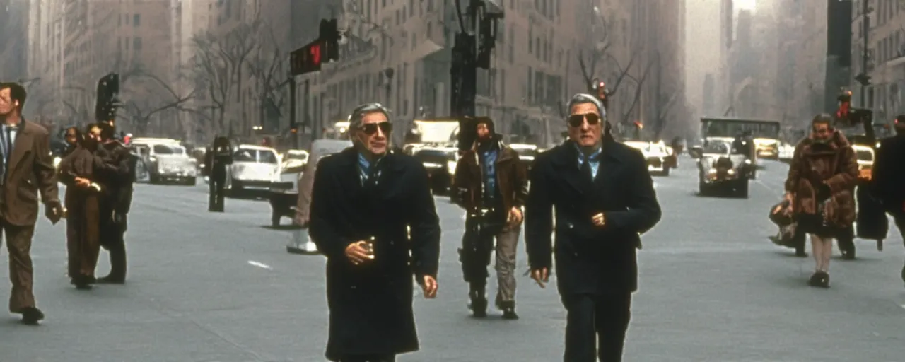 Image similar to a film still of an enormous robotic Robert de Niro strolling down fifth Avenue high quality .