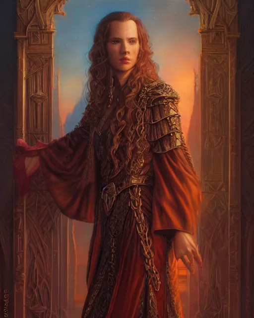 Image similar to portrait of glamor figwit | middle earth background | highly detailed | very intricate | professional model | cinematic lighting | painted by donato giancola and mandy jurgens and charlie bowater | bold colors, artdeco, art deco outrun anime aesthestic, 8 0's nostalgia | featured on artstation