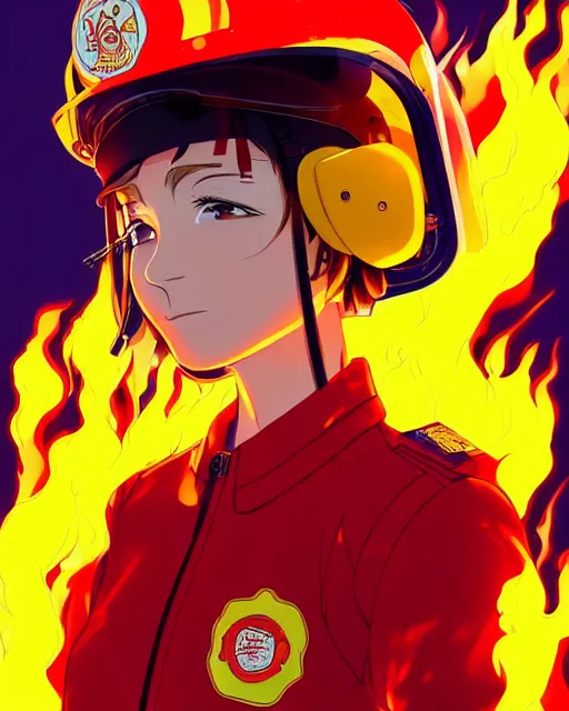 Image similar to fireman, cool pose, fire jacket, helmet, covered in beautiful flames!!! | | very very anime!!!, beautiful fine - face, audrey plaza, realistic shaded perfect face, fine details. anime. realistic shaded lighting poster by ilya kuvshinov katsuhiro otomo ghost - in - the - shell, magali villeneuve, artgerm