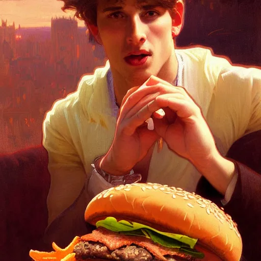 Prompt: painted portrait of ( tommy grand ) biting and eating giant hamburgers, mature, handsome, fantasy, intricate, elegant, highly detailed, digital painting, artstation, concept art, sharp focus, illustration, illumination, holy ethereal light, art by gaston bussiere and alphonse mucha