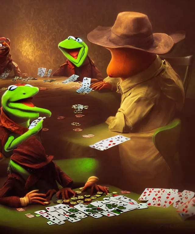 Prompt: kermit playing poker, cinematic, floral shirt, elegant, highly detailed, digital painting, artstation, smooth, hard focus, illustration, art by jessica rossier and and brian froud