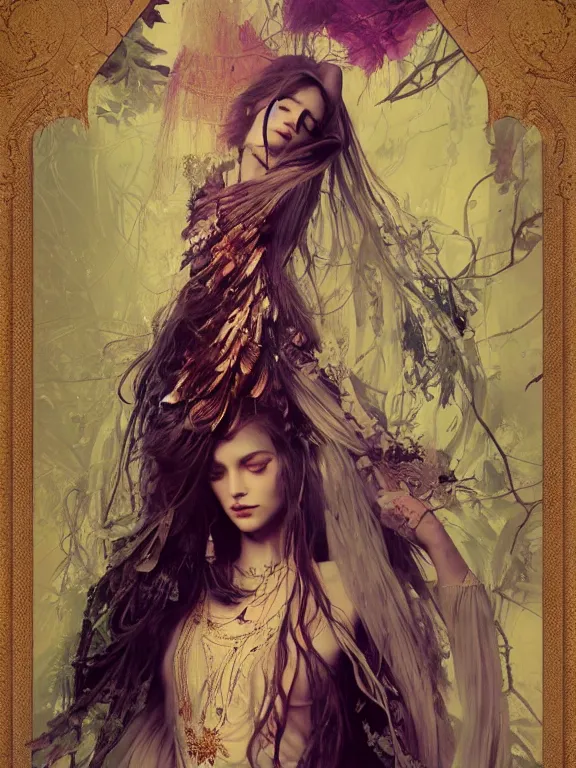 Image similar to Full view Bohemian Maiden Spirit of the woods in a beautiful dress, 4k digital illustration by Ruan Jia and Alberto Seveso, art nouveau iconography background, stunning portrait, amazing magnificent mystical illustration, award winning art, gold details, rim light, tarot card, intricate details, realistic, full view, Artstation, CGsociety