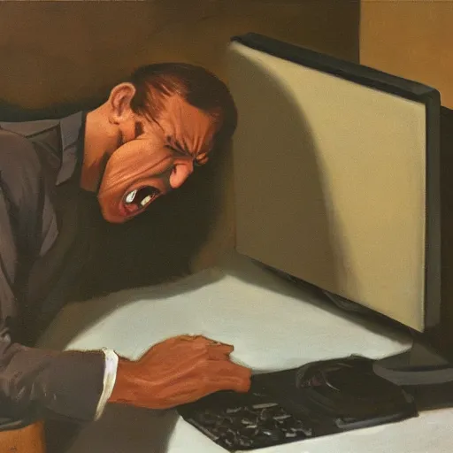 Image similar to an angry man screams at his computer monitor, oil on canvas, 1 9 6 7, highly detailed