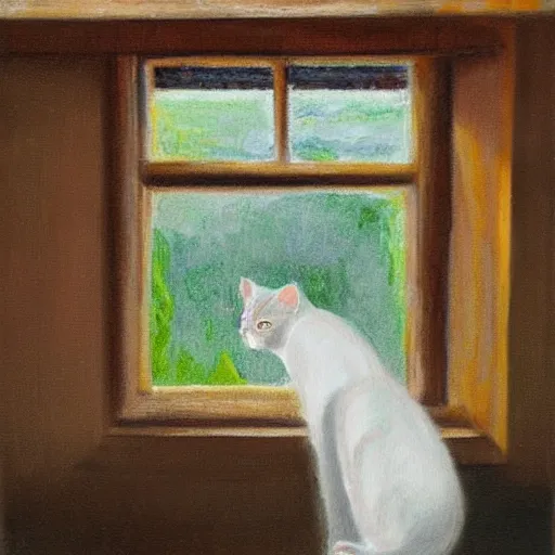 Image similar to two cats, one white and one gray, looking out a window in the rain, painted by tor lundvall