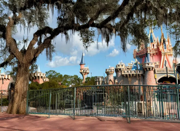 Prompt: cinematic shot of the outside of the Disney world park, shut down, abandoned, Florida, out of business, castle is falling apart, got shut down, kids place, liminal spaces, backrooms, empty, overgrown, Disney world, Disney land, theme park, roller coasters, Disney