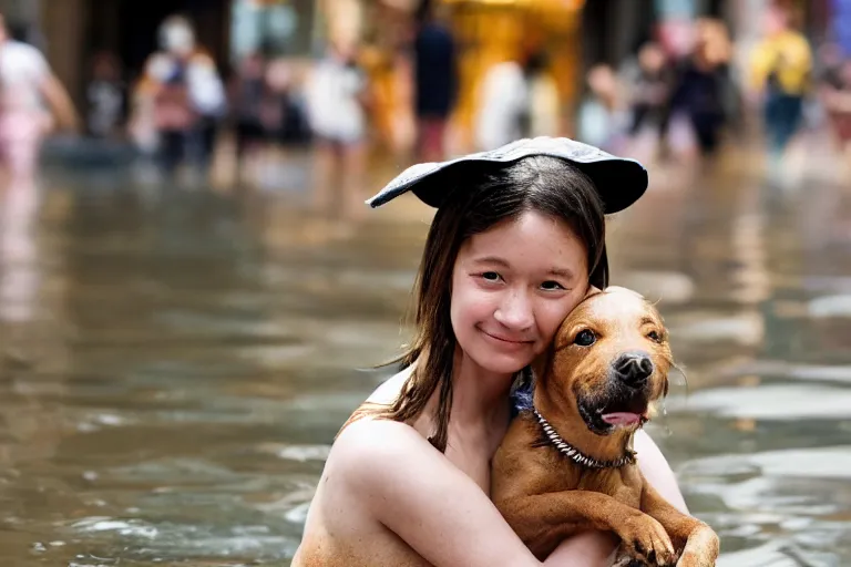 Image similar to closeup portrait of a girl carrying a dog over her head in a flood in Rundle Mall in Adelaide in South Australia, photograph, natural light, sharp, detailed face, magazine, press, photo, Steve McCurry, David Lazar, Canon, Nikon, focus