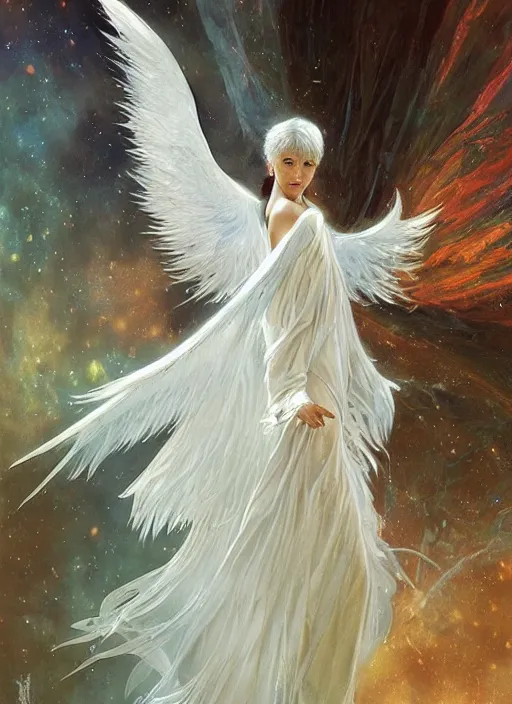 Image similar to harmony of white haired angel yoongi wearing greek clothes, muted colors, sparkles everywhere, big wings, dynamic hair movement, dynamic pose, holographic space, glowing effect, j. c leyendecker, by alan lee, wlop! illustrated by starember, fantasy art by craig mullins