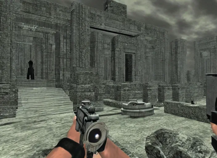 Image similar to a lonely temple next to an ancient city. screenshot of goldeneye. nintendo 6 4 ( 1 9 9 6 )