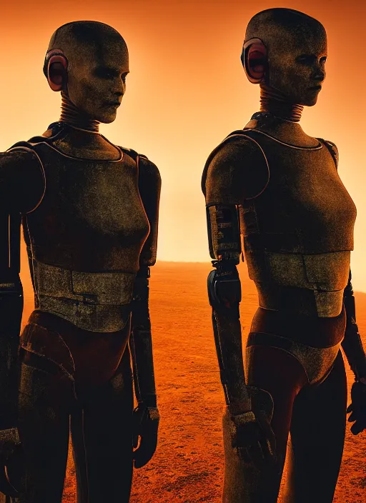 Image similar to cinestill 5 0 d photographic portrait by steve mccurry of two loving female androids wearing rugged black mesh techwear on a desolate plain with a red sky, extreme closeup, dust storm, 8 k, hd, high resolution, 3 5 mm, f / 3 2, ultra realistic faces, ex machina, cyberpunk 2 0 7 7