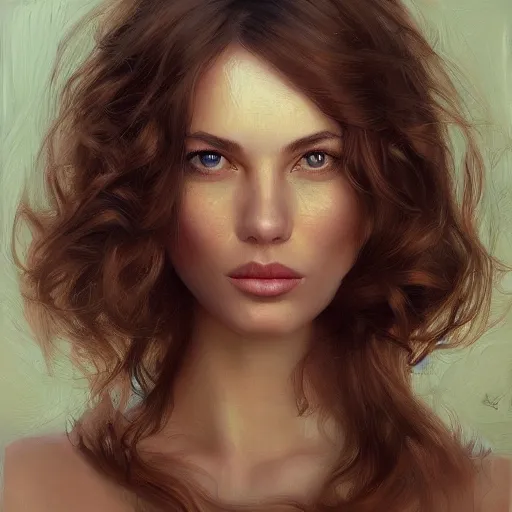 Prompt: beautiful portrait face centre oil on canvas of brunette with wavy hair Lilli Hollunder, intricate, elegant, highly detailed, artstation, concept art, sharp focus, art by Alina Ivanchenko, Rob Ross, WLUP, artgerm