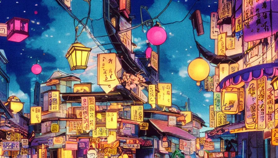 Prompt: A film still from a 1990s Sailor Moon cartoon featuring a moody street in Japan with a waterfall and lanterns, golden hour, cinematic look