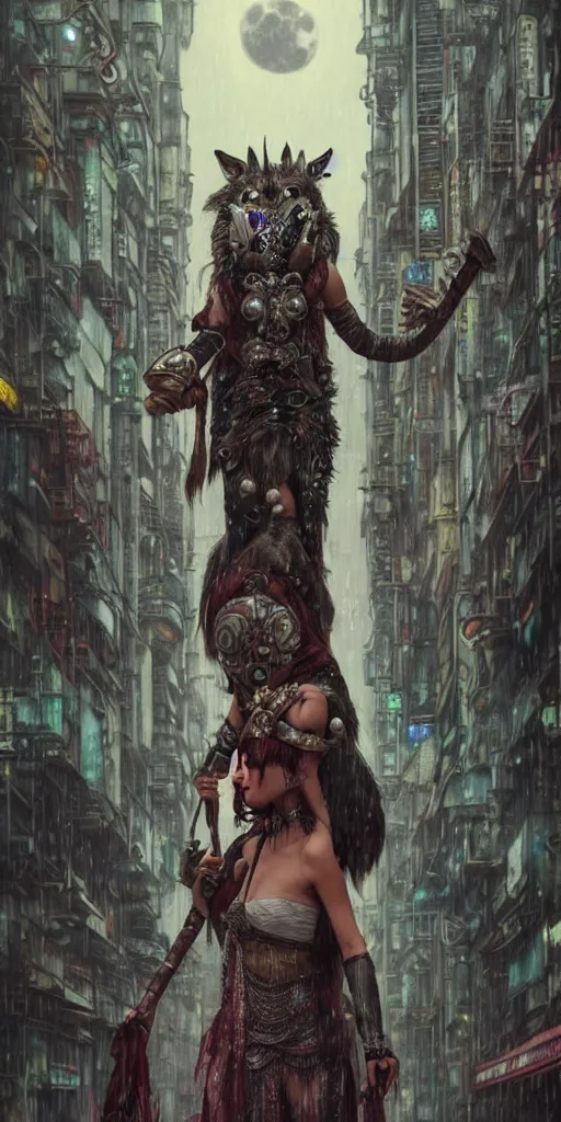 Image similar to hyper realistic Princess Mononoke, ornate mask, wet market street, rainy atmosphere, full moon, cyberpunk metropolis, city landscape, jewels, full body pose, wolves, style of tom bagshaw, mucha, james gurney, norman rockwell, denoised, sharp