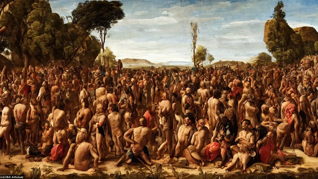 Prompt: hundreds of neanderthals gathering for a trade in an african valley, in the style of italian renaissance