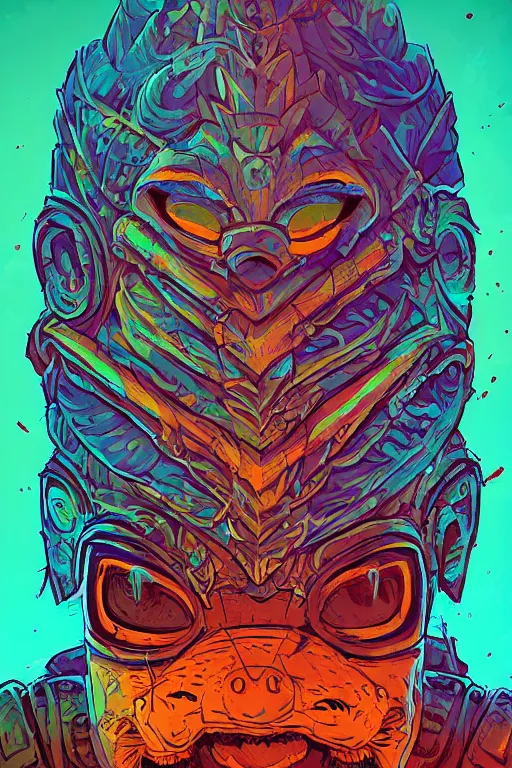 Image similar to totem animal tribal chaman vodoo mask feather gemstone plant wood rock video game illustration vivid color borderlands by josan gonzales and dan mumford radiating a glowing aura