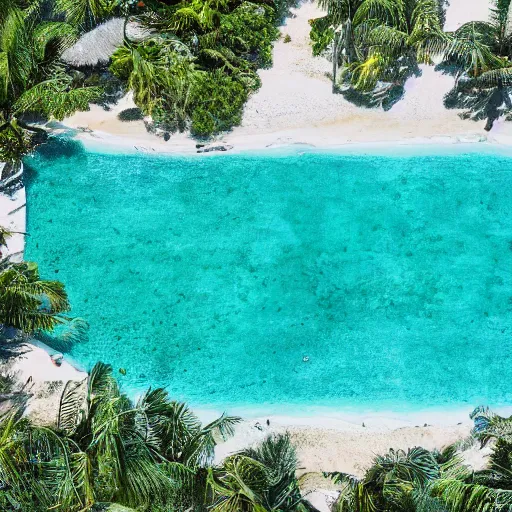 Image similar to high quality color aerial view photo of a tropical island with a sparkling pool and palm tree leaves on the edges, pastel faded effect, synthwave colors