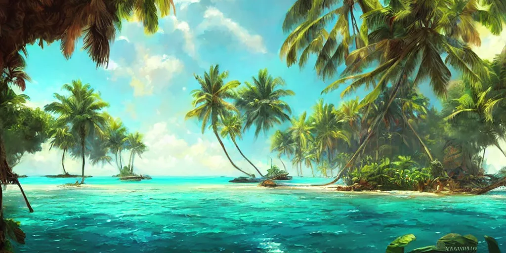 Image similar to Tropical paradise, digital painting, art by greg rutkowski, artgerm