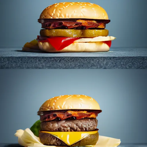 Prompt: a delicious cheeseburger, advertisement shot, studio lighting, detailed,