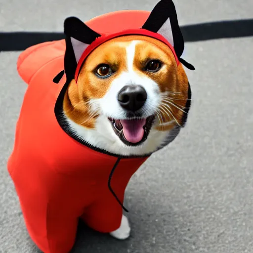 Image similar to a dog dressed like a cat