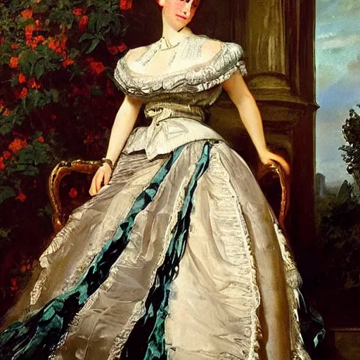 Image similar to full body portrait of a young german princess standing by a chair by Franz Xaver Winterhalter and Andreas Herman Hunæus painted in the 1900s, romanticism, vivid, fancy, beautiful, rococo, coherent