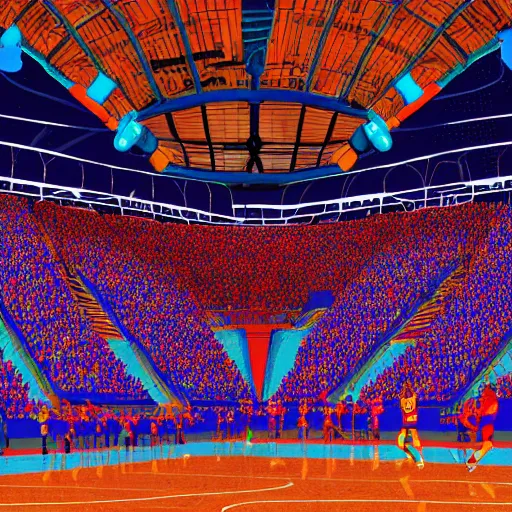 Image similar to a filled sports arena watching a basketball game, digital art, colorful, detailed, cheering