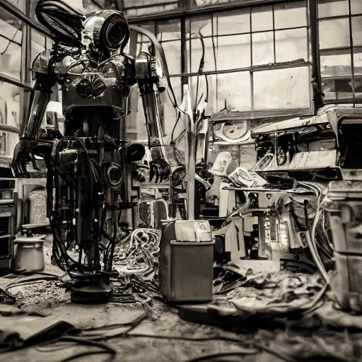 Image similar to technician repairing head of toaster oven mecha, dark messy smoke - filled cluttered workshop, dark, dramatic lighting, orange tint, cinematic, highly detailed, sci - fi, futuristic, movie still