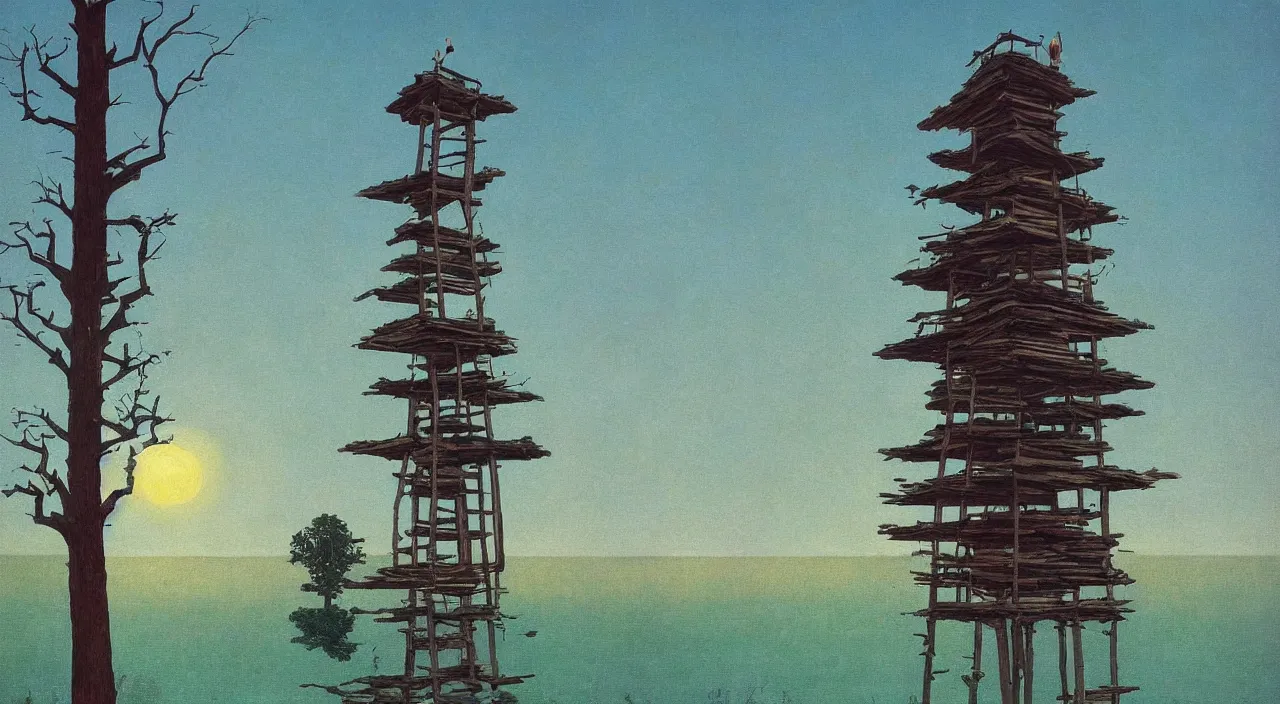 Image similar to single flooded simple wooden tree tower!, very coherent and colorful high contrast!! masterpiece by rene magritte simon stalenhag carl spitzweg syd mead norman rockwell edward hopper james gilleard, minimalist, dark shadows, sunny day, hard lighting