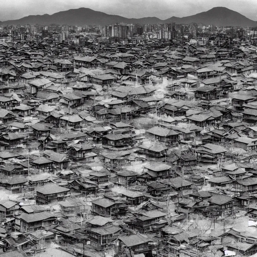 Prompt: wooden houses in hiroshima, atom bomb cloud in distance