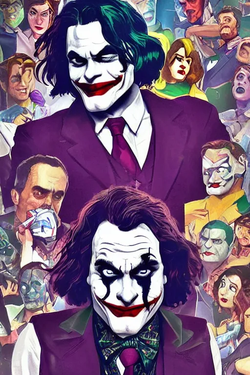 Image similar to joaquin phoenix joker comic book cover issues 2 0, justify content center, delete duplicate object content!, violet polsangi pop art, gta chinatown wars art style, bioshock infinite art style, incrinate, realistic anatomy, hyperrealistic, 2 color, white frame, content balance proportion