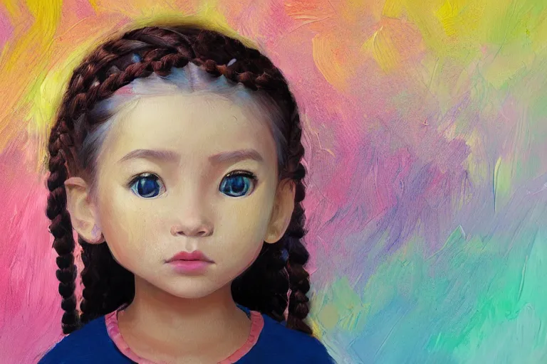 Prompt: a little girl with braided hair learns how to paint, on an empty canvas, in her art room, trending on artstation, matte finish, volumetric lighting