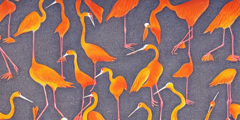 Prompt: seamles pencil drawing of many cranes, wallpaper, texture, orange pastel colors, dark background