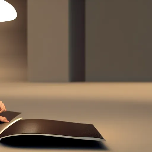 Image similar to a lonely sleek simple android with big sad eyes sits reading a hardbound leather book. Cinematic Lighting, Cinematic Movie Photograph, Arri Alexa, Extremely Detailed, smooth, very very clean, simple, 8K, octane render, maya render, unreal engine, trending on artstation, DSLR