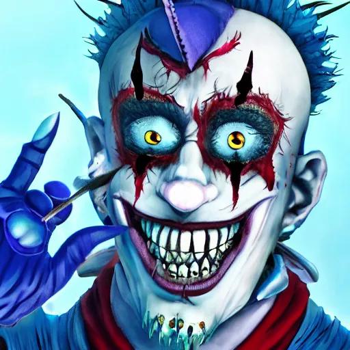 Image similar to 4K headshot of godlike clown with blue skin with defined arms and open hands and bloody clothes with giant mandala wings , white intricate scary clown makeup , flawless anime cel animation by Kentaro Miura, psychedelic , highly detailed upper body , professionally post-processed , beautiful, scary, symmetry accurate features, epic, octane rendered, anime masterpiece, accurate