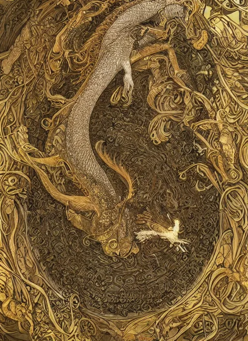 Image similar to highly detailed picture of great dragon, sketch, manga, edge of the universe, perfectly face, highly detailed, masterpiece, trending on artstation, golden ratio, cinematic romantic magical, perfect intricate highly detailed painting by gustave dore, by timothy von rueden, by mucha alphonse, digital art