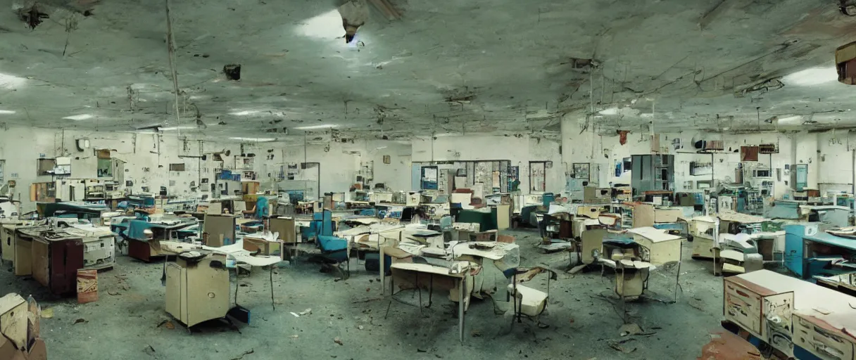 Prompt: movie still 4 k uhd 3 5 mm film color photograph of an abandoned computer laboratory full of 4 0 s decade of xx century vacuumtube computers