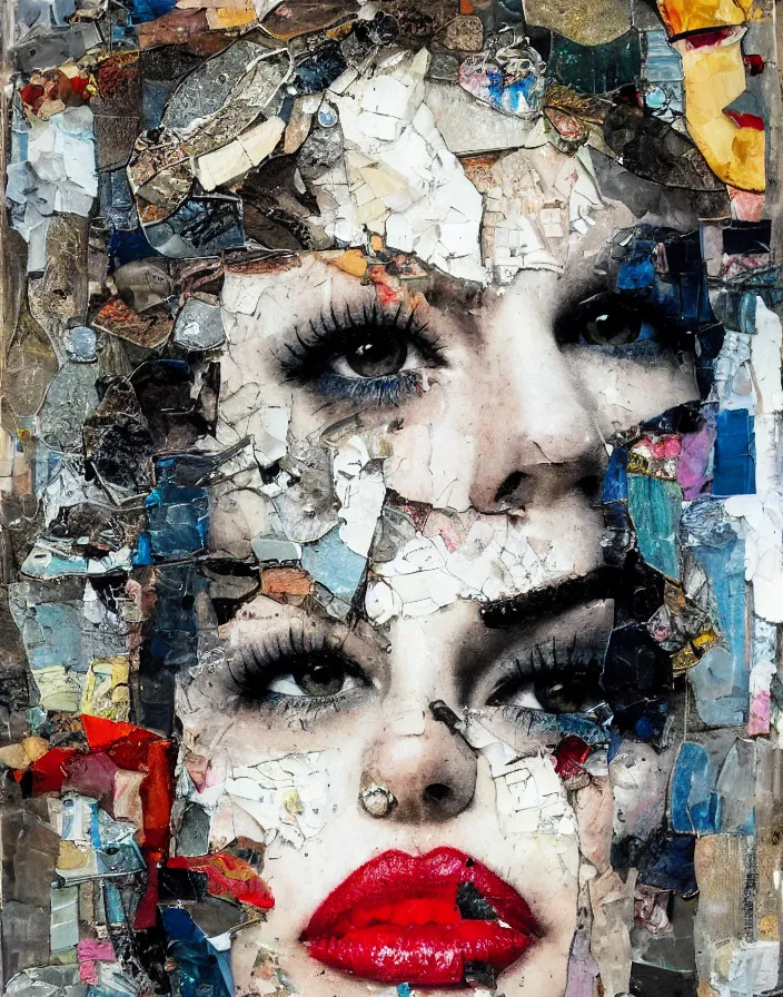 Prompt: punch in the face detailed analogue mixed media collage with canvas texture in style of contemporary art, punk art, hyperrealistic beautiful face, photorealistic, expressionism, masterpiece, perfect composition, spectacular quality, intricate oil details, vivid broken glass, torn paper