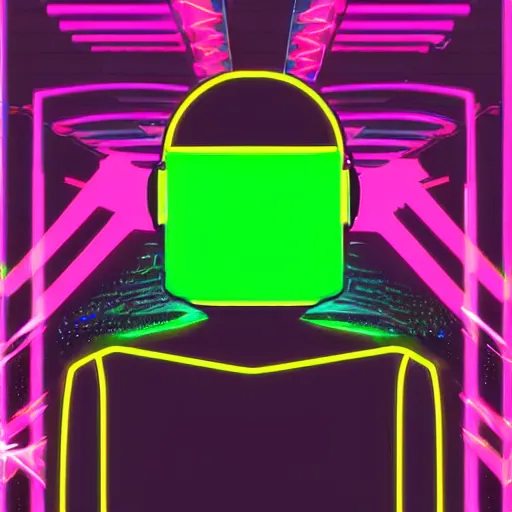 Image similar to a synthwave android with a visor, a sweatshirt, and a cool hat, digital art, cyberpunk, vivid, technological