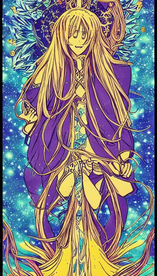 Image similar to anime tarot card based on the card Judgement,, beautiful lines, cosmic, psychedelic, detailed, clean