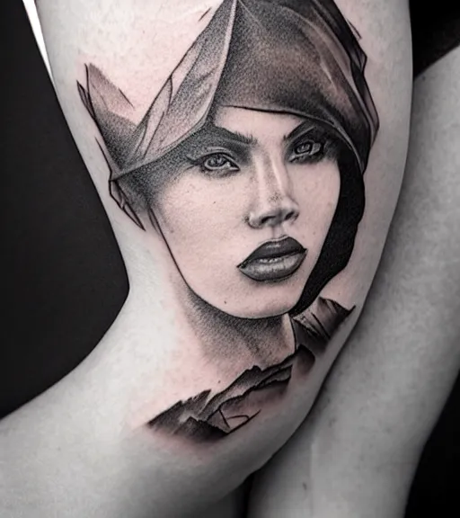 Image similar to a beautiful woman face against a background of beautiful mountains, tattoo design sketch, amazing blend effect, hyper - realistic, in the style of matteo pasqualin, amazing detail, black and white
