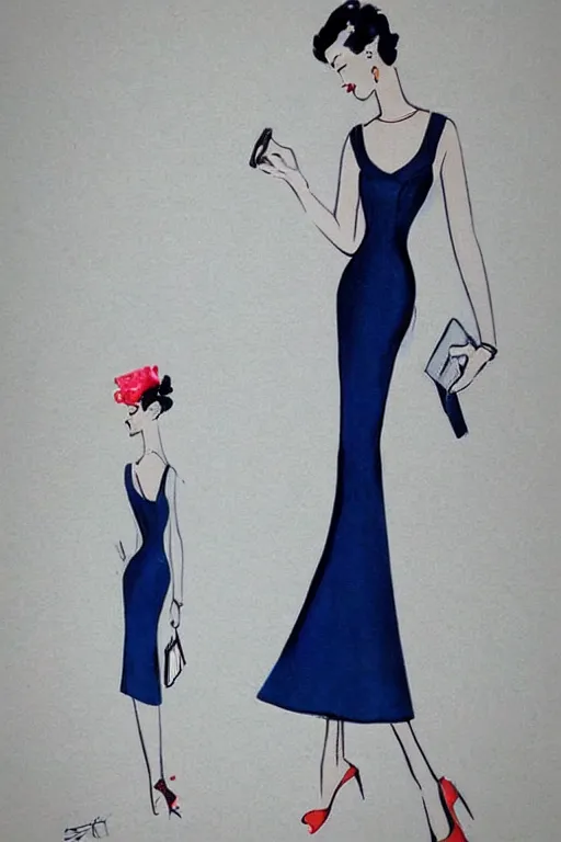 Prompt: an elegant fashion illustration of a beautiful blue 5 0 s outfit