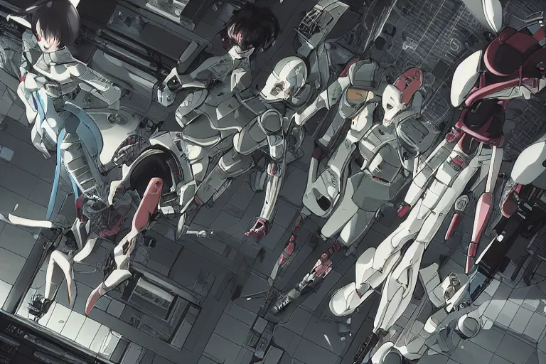 Image similar to a cyberpunk anime illustration of a group of female androids' body parts lying scattered over an abstract, empty, white floor, by masamune shirow, hajime sorayama and katsuhiro otomo, view from above, minimalist