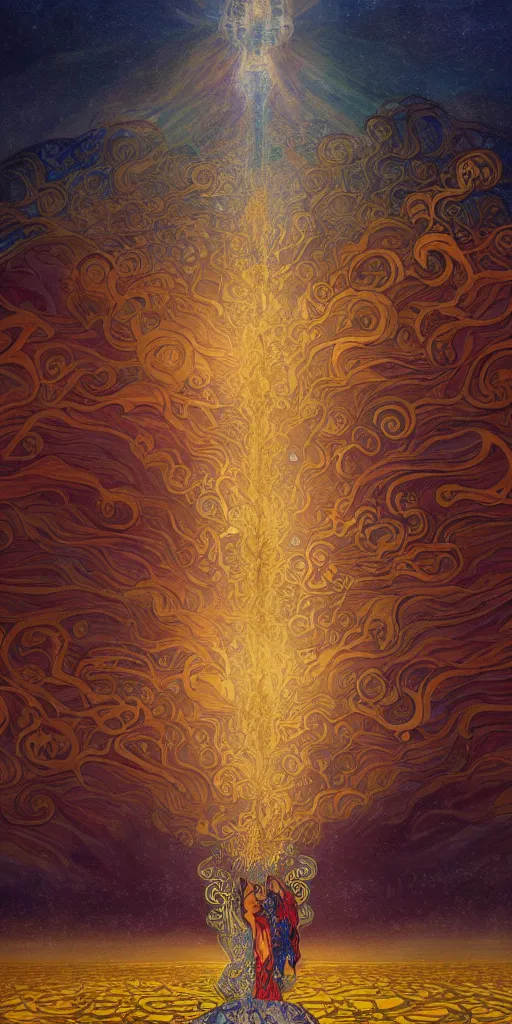 Prompt: breathtaking digital painting of a storm pierced with swords of light, in golden clouds in a desert castle, strokes of mist and scarlet ribbons, art nouveau style, by casimir art, gustav klimt and alfons mucha, anato finnstark and kelogsloops, elegant, highly detailed, artstation, concept art, matte, sharp focus