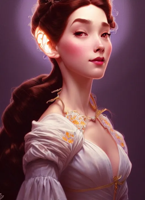 Image similar to portrait of disney belle, intricate, elegant, highly detailed, my rendition, digital painting, artstation, concept art, smooth, sharp focus, illustration, art by artgerm and greg rutkowski and alphonse mucha and uang guangjian and gil elvgren and sachin teng, symmetry!!