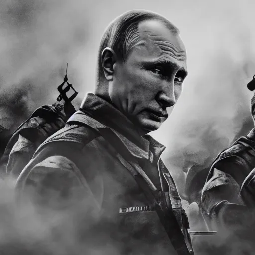 Prompt: Vladimir Putin is fighting at the front against Ukraine epic battle, Drawing with pencils, 4K