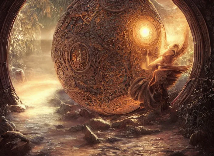 Image similar to large rustic intricately decorated wood gate, a view to an eerie fantasy world, glowing sphere, ethereal back light, mist, coherent composition, detailed fantasy painting by artgerm, noriyoshi ohrai, yuumei