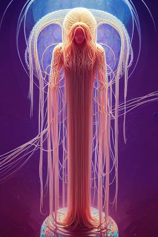 Image similar to beautiful spaghetti jellyfish warrior, ethereal art deco, fantasy, intricate art deco pasta designs, elegant, highly detailed fractals, sharp focus, art by artgerm and beeple and greg rutkowski and wlop