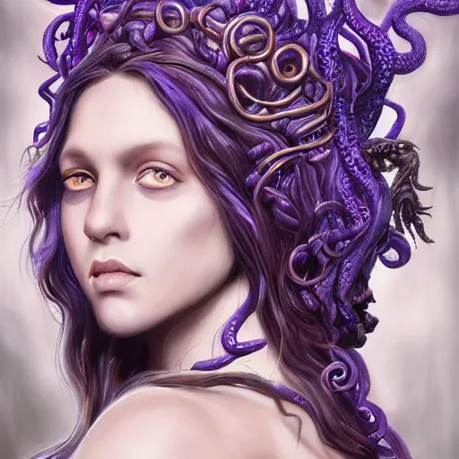 Prompt: Portrait of Medusa, Ancient Greece, face, fantasy, intricate, elegant, beautiful, magical, large blue eyes, luminescent, enchanted, purple mist, highly detailed, hyper realistic, digital painting, artstation, concept art, smooth, sharp focus, 4k, 8k