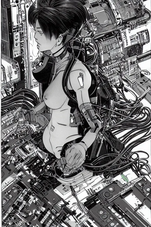 Prompt: an hyper-detailed cyberpunk illustration of a female android seated on the floor in a tech labor, seen from the side with her body open showing cables and wires coming out, by masamune shirow, and katsuhiro otomo, AKIRA, 1980s, centered, colorful