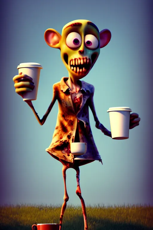 Image similar to a funny zombie character with big eyes holding a cup of coffee on a cemetery at night. pixar disney 4 k 3 d render movie oscar winning trending on artstation and behance. ratatouille style.